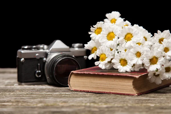 相机拍照、 雏菊和一本书 — 图库照片