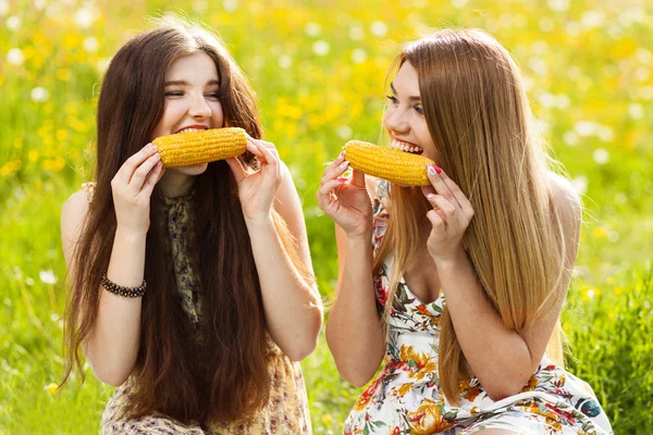 Twee mooie jonge vrouwen op een picknick — Stockfoto