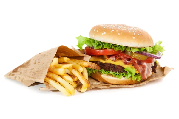 Delicious hamburger and fries — Stock Photo, Image