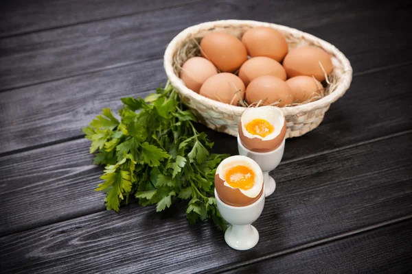 Boiled eggs on dark background — Stock Photo, Image