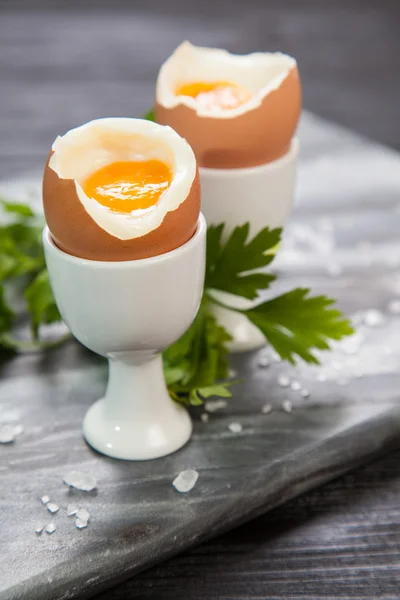 Boiled eggs on marble background — Stock Photo, Image