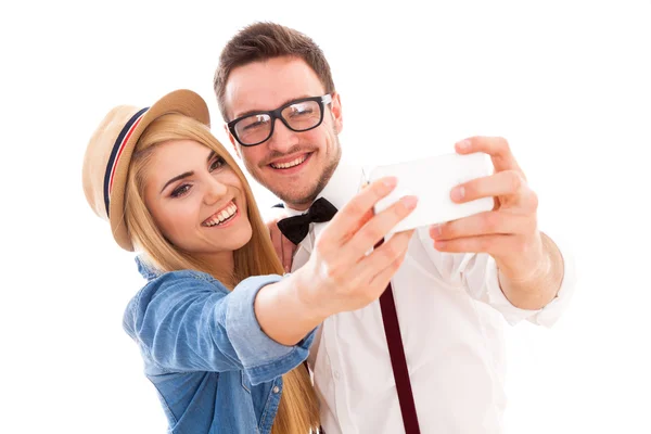 Young hipster couple making a selfie — Stock Photo, Image