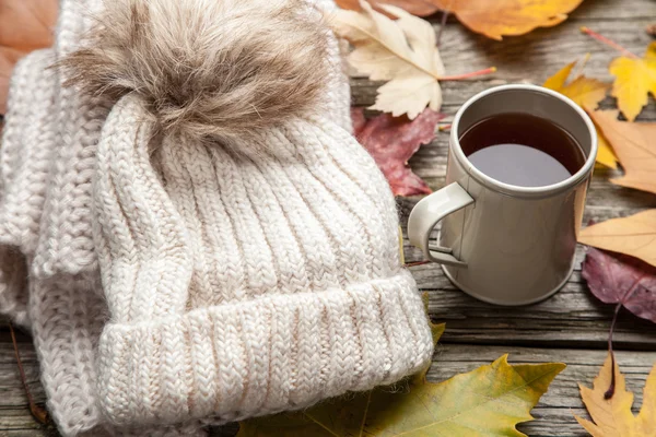 Warme Kleidung und eine Tasse Tee — Stockfoto