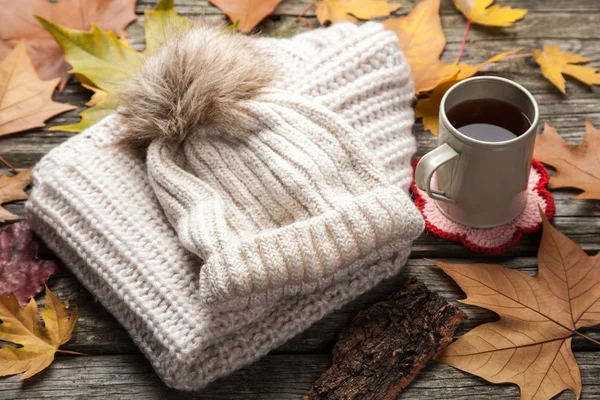 Warme Kleidung und eine Tasse Tee — Stockfoto