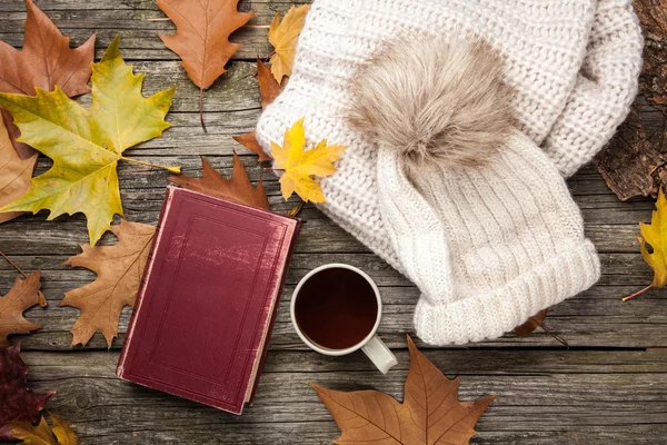 Vêtements chauds et une tasse de thé — Photo