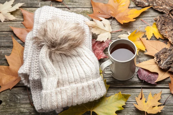 Ropa abrigada y una taza de té — Foto de Stock