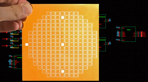 Máscara de chip en la mano sobre el diagrama esquemático del circuito — Foto de Stock