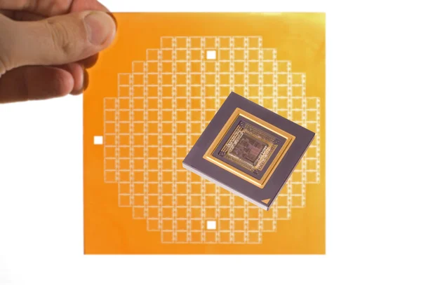Mikroprocesszor és chip maszk a kezében — Stock Fotó