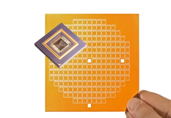 Mikroprocesszor és chip maszk a kezében — Stock Fotó