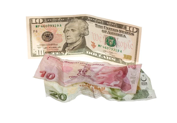 Financial crisis: new ten dollars over thirty crumpled turkish liras — Stock Photo, Image