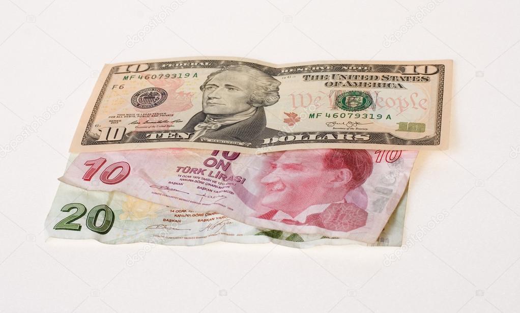 Financial crisis: new ten dollars over thirty crumpled turkish liras