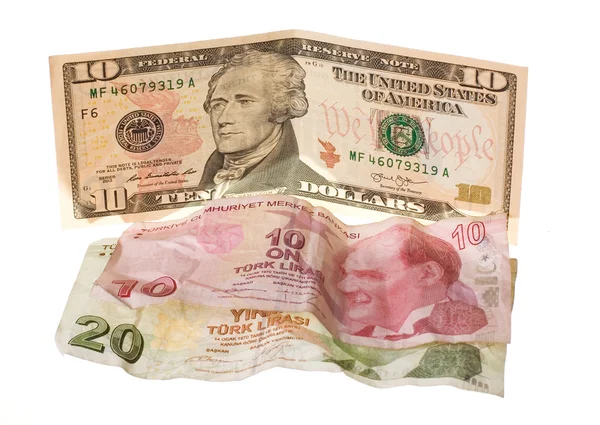 Financial crisis: new ten dollars over thirty crumpled turkish lira — Stock Photo, Image