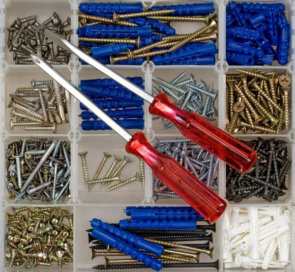 Screwdrivers, screws and dowels — Stock Photo, Image