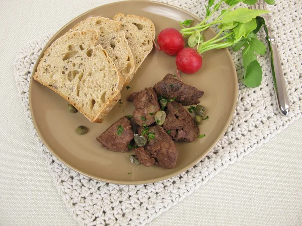 Bread with chicken liver and capers — Stock Photo, Image