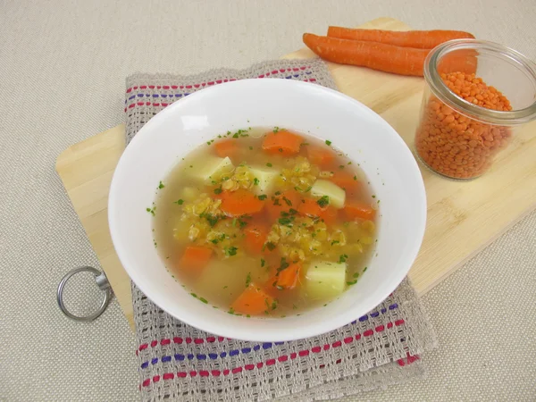 Caldo con lentejas, patatas y zanahorias — Foto de Stock