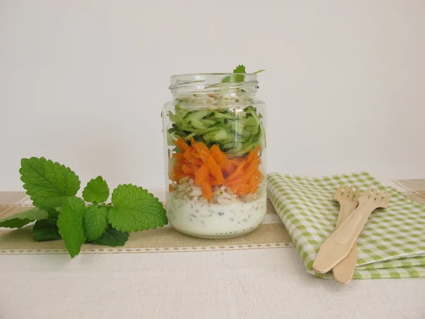 Salad to go with rice, barley, carrot and cucumber — Stock Photo, Image