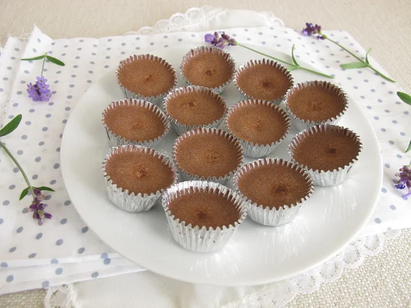 Homemade ice chocolate with cocoa powder, powdered sugar and coconut oil in aluminium mini cups — Stock Photo, Image