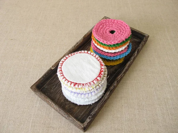 Crocheted Sewn Reusable Washable Cosmetic Pads Made Colorful Wool Cotton — Stock Photo, Image