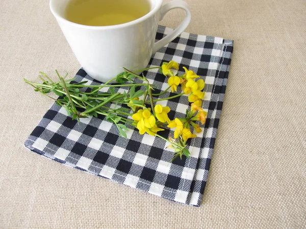 Une Tasse Tisane Avec Des Fleurs Jaunes Trèfle Oiseaux Pied — Photo