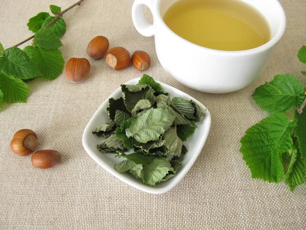Cup Hazel Leaf Tea Dried Hazelnut Leaves — Stock Photo, Image
