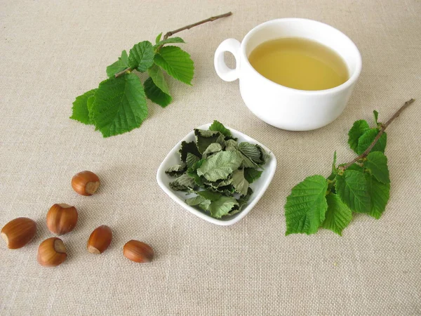 Cup Hazel Leaf Tea Dried Hazelnut Leaves — Stock Photo, Image