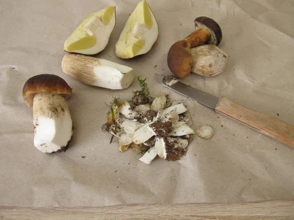 Pilze Putzen Und Mit Einem Messer Steinpilzen Und Lorbeerblättern Zubereiten — Stockfoto