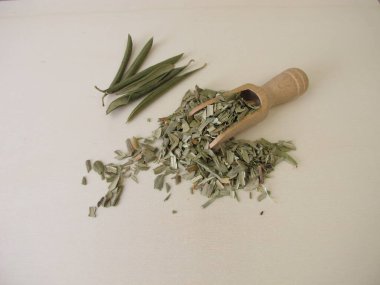 Zeytin yaprağı çayı için zeytin ağacından kurumuş ve doğranmış yapraklar.