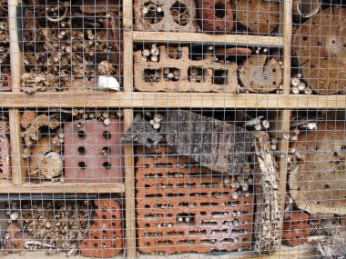 Tuğlalı, bambu çubuklu, ağaç kabuklu ve kütüklü böcek oteli