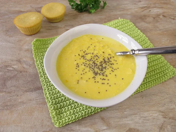 Maize cream soup with chia seeds — Stock Photo, Image