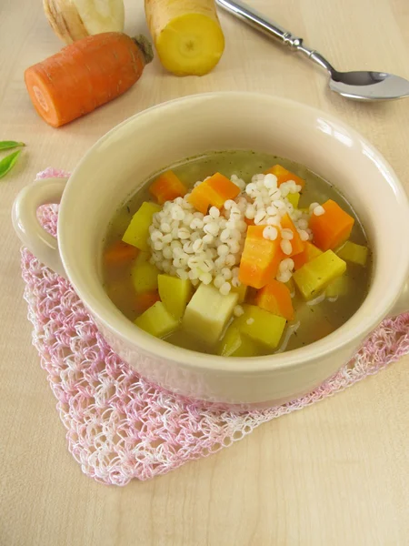Vegetable soup with pearl barley — Stock Photo, Image