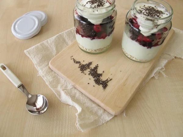 Pequeño postre con yogur colado, bayas y semillas de chía —  Fotos de Stock