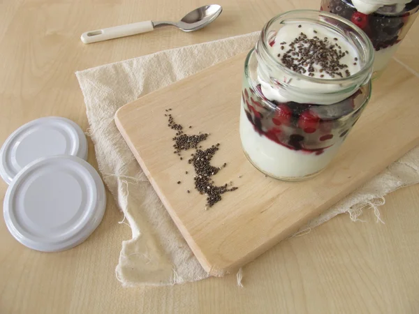 Maličkost dezert s napjaté jogurt, jahody a chia semen — Stock fotografie