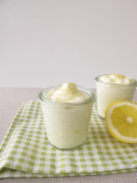 Lemon curd cheese dessert in glass — Stock Photo, Image