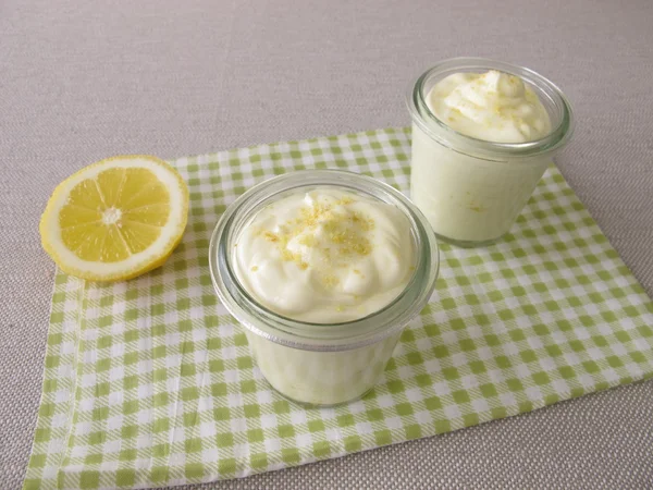 Lemon curd cheese dessert in glass — Stok fotoğraf