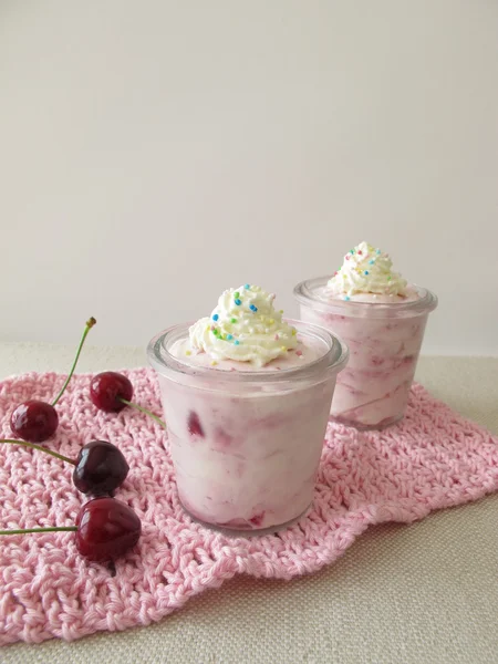 Cherry ice cream with whipped cream — Stock Photo, Image