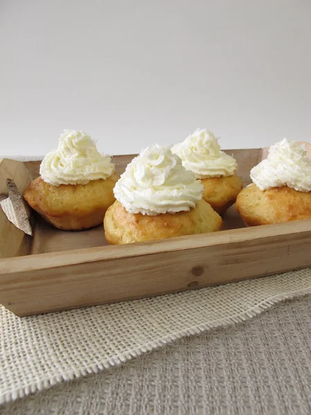 Coconut cupcakes with whipped cream on tray — Φωτογραφία Αρχείου