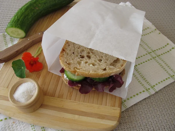 Uborka szendvics az elvitelre zsírpapírba táska — Stock Fotó