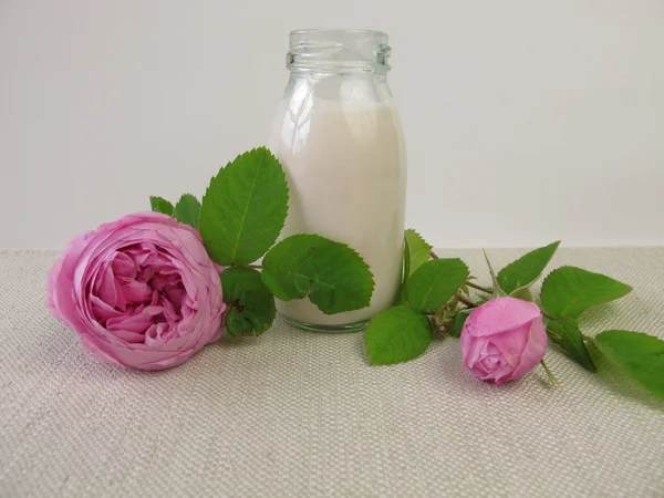 Bebida de iogurte rosa e flores de rosa — Fotografia de Stock