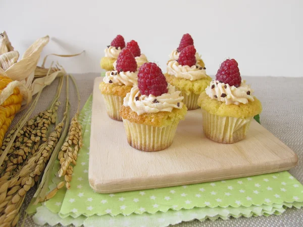Gluten vrije raspberry cupcakes, corncop en rijst pluim — Stockfoto