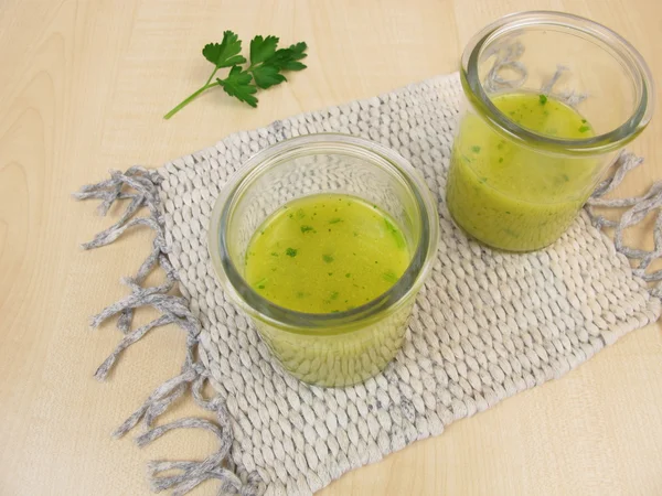 Mustard soup in glass — Stock Photo, Image