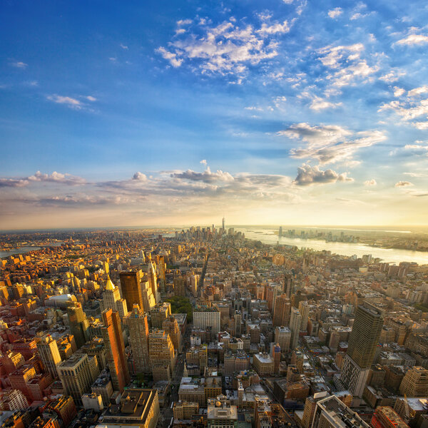 Aerial view of Manhattan at sunset, New York City