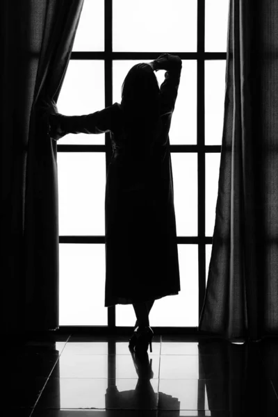 Silhouette Woman Long Peignoir Large Window Morning — Stock Photo, Image