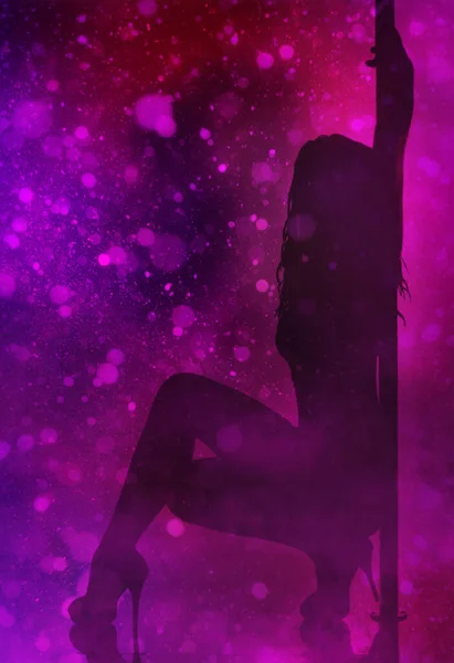 Silhouette Woman Pole Purple Background Bokeh — Stock Photo, Image