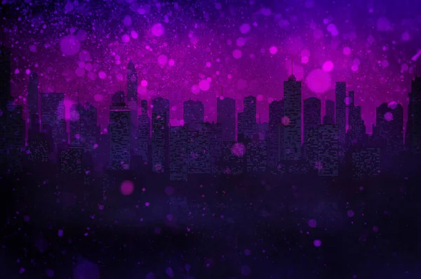 Wunderschönes Fantastisches Stadtbild Mit Wolkenkratzern Abend Neonlicht Und Schneefall — Stockfoto