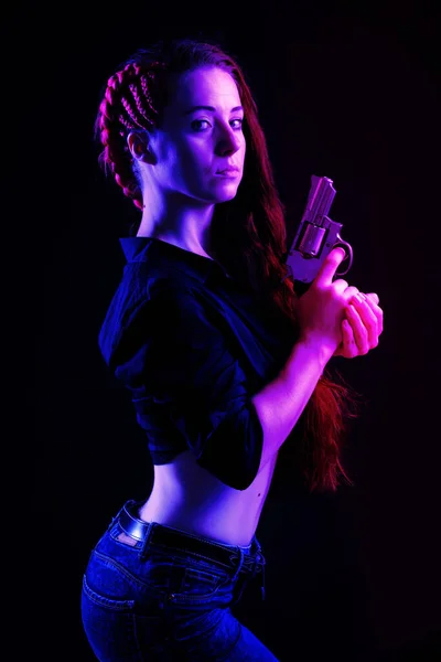 Beautiful Woman Long Red Hair Revolver Hands Black — Stock Photo, Image