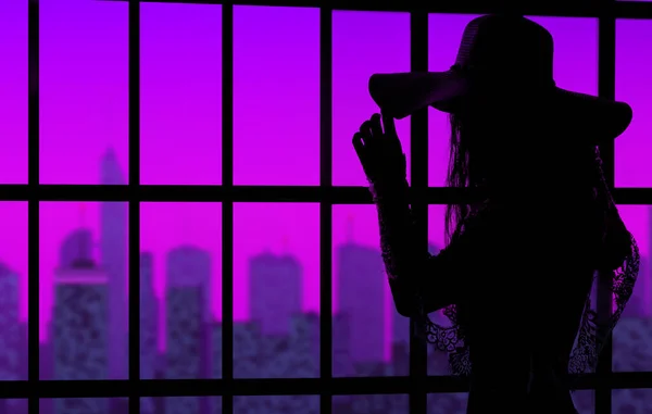 Belle Silhouette Une Jeune Femme Coiffée Chapeau Par Fenêtre Sur — Photo