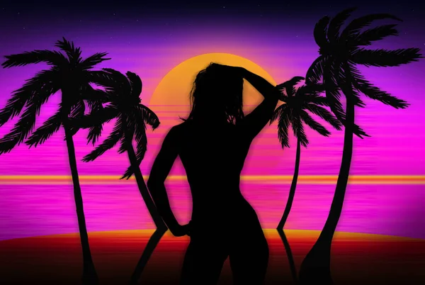 Bella Silhouette Una Giovane Donna Seducente Sullo Sfondo Della Spiaggia — Foto Stock