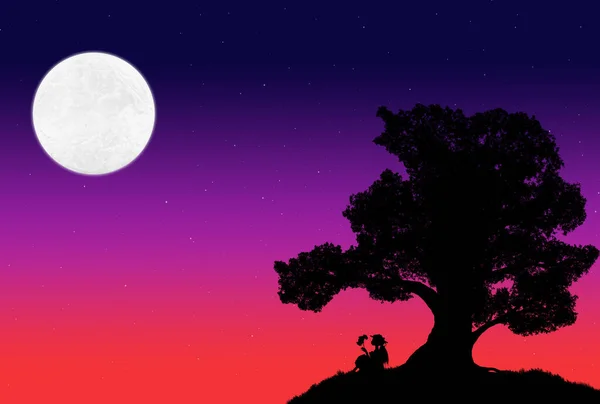 Beautiful Silhouette Large Tree Woman Sitting Background Evening Sky Stars — Stock Photo, Image