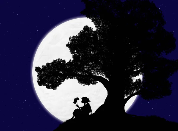 Beautiful Silhouette Large Tree Woman Sitting Background Night Sky Stars — Stock Photo, Image