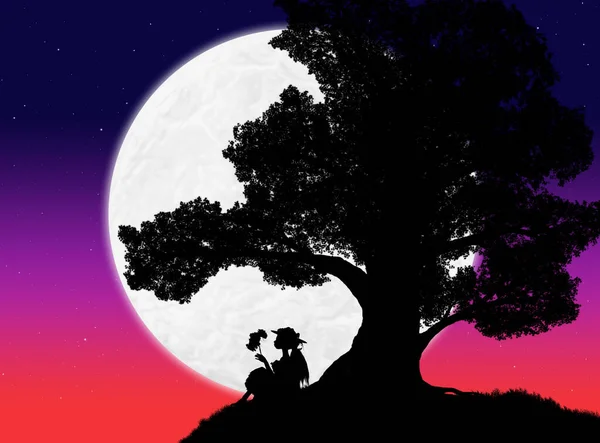 Büyük Bir Ağacın Güzel Silueti Altında Bir Kadın Akşam Gökyüzünün — Stok fotoğraf